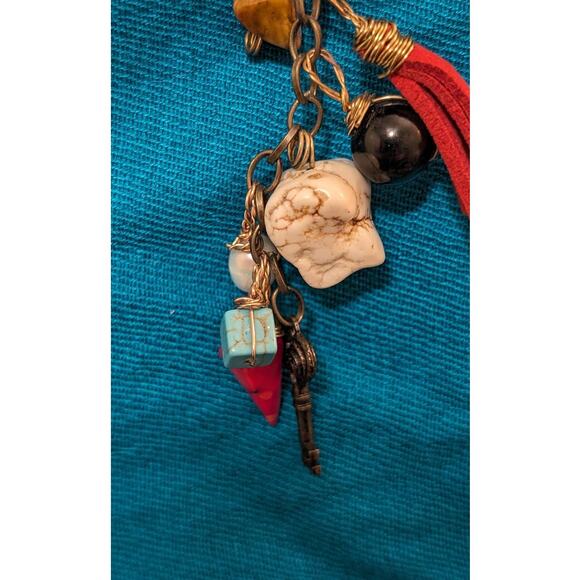 Artisan Cord with Heart, Stone, Tassel, Key and Other Charms Cluster Necklace - Picture 7 of 8